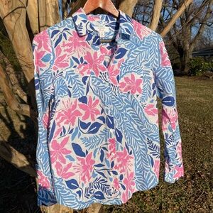 Charter Club Luxury 100% Linen Button-Up Shirt in Pink and Blue Floral Coastal